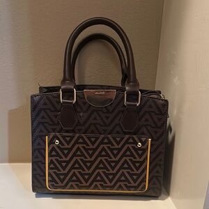 Aldo Brown Satchel with Geometric Design and Gold Accents